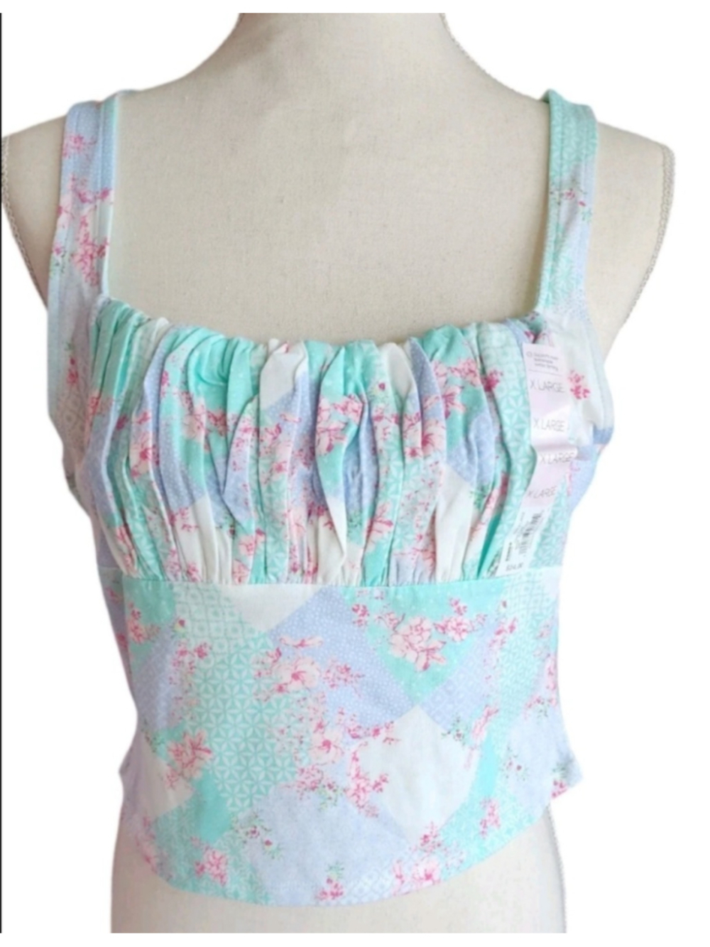 SO Floral Patchwork Ruched Crop Tank Top XL NWT Pastel Romantic Cottagecore